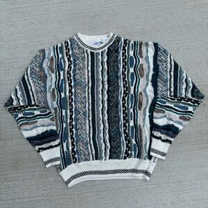 Vintage 3D Textured Knit Sweater Crewneck Multicolor Brown Blue Medium
